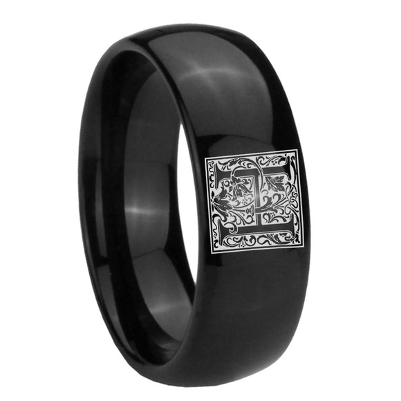 8mm-Dome-Polished-Black-Tungsten-Floral-Initial-Letter-H,-Monogram-Wedding-Ring