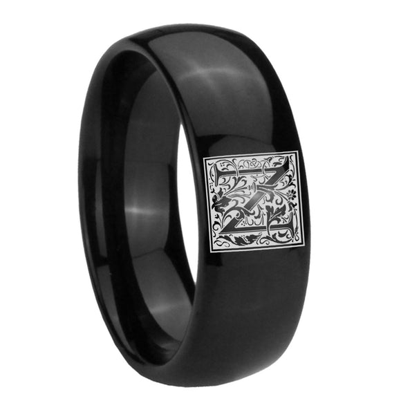 8mm-Dome-Polished-Black-Tungsten-Floral-Initial-Letter-N,-Monogram-Wedding-Ring