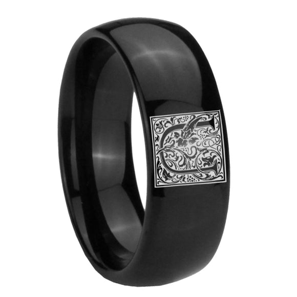 8mm-Dome-Polished-Black-Tungsten-Floral-Initial-Letter-U,-Monogram-Wedding-Ring
