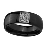 8mm-Dome-Polished-Black-Tungsten-Floral-Initial-Letter-V,-Monogram-Wedding-Ring