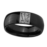 8mm-Dome-Polished-Black-Tungsten-Floral-Initial-Letter-W,-Monogram-Wedding-Ring