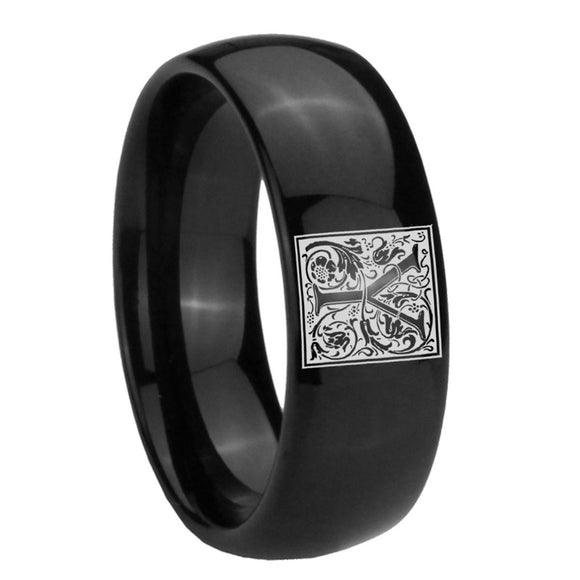 8mm-Dome-Polished-Black-Tungsten-Floral-Initial-Letter-Y,-Monogram-Wedding-Ring