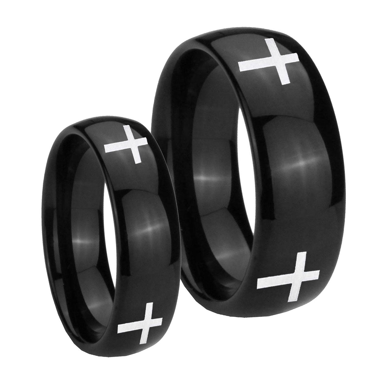 Crosses Dome Black Tungsten Wedding Ring Set