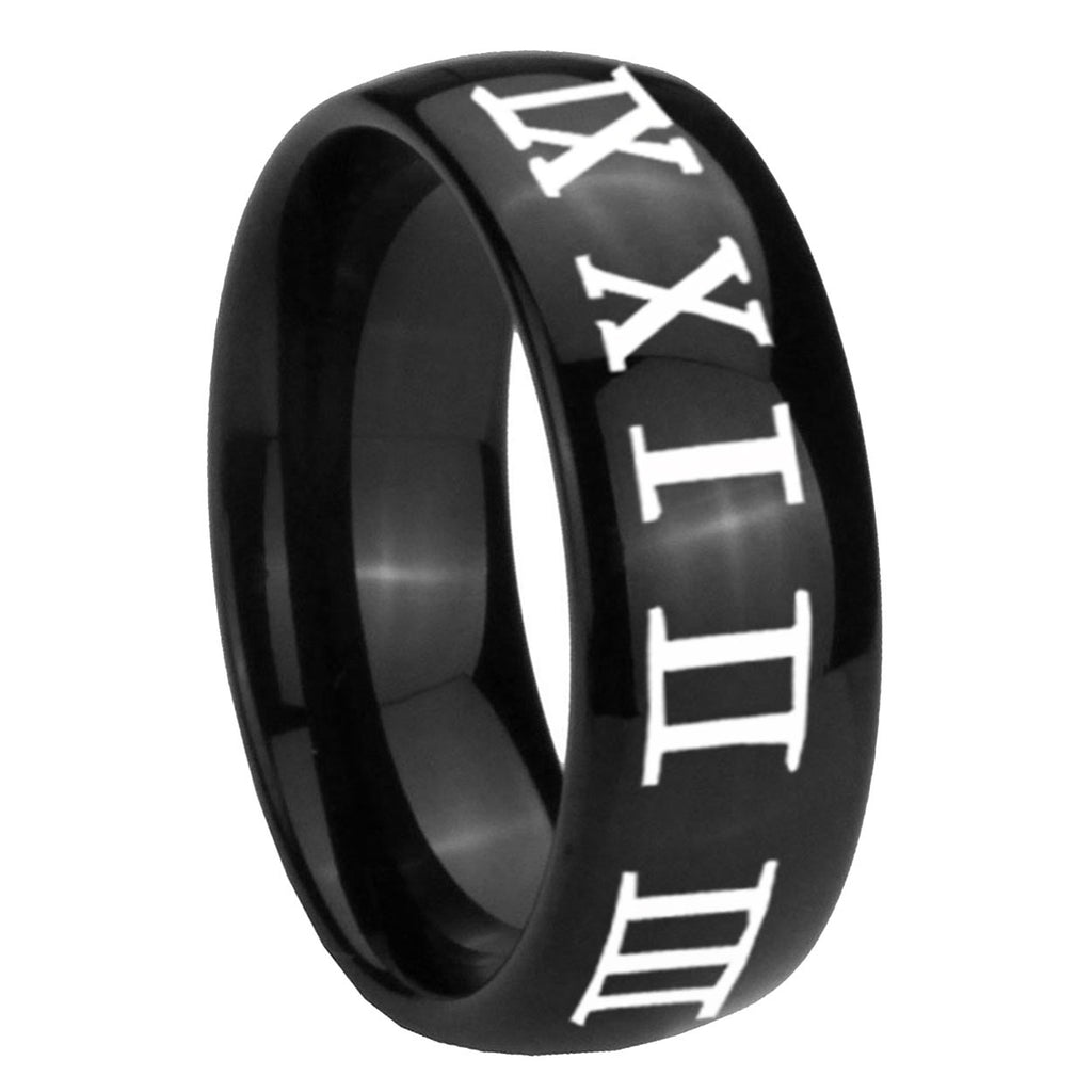 8mm Roman Numeral Dome Black Tungsten Custom Mens Ring