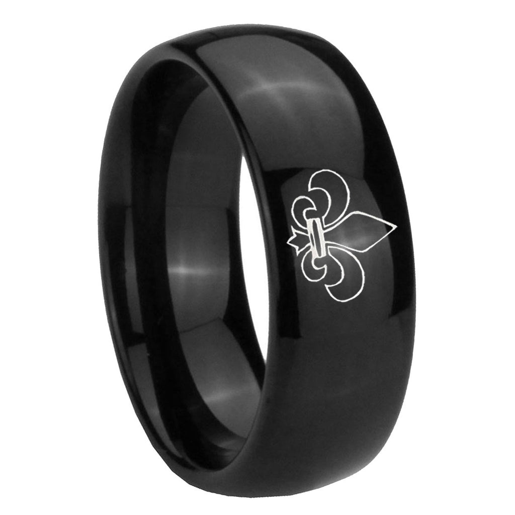 10mm Fleur Delis Dome Black Tungsten Carbide Mens Anniversary Ring