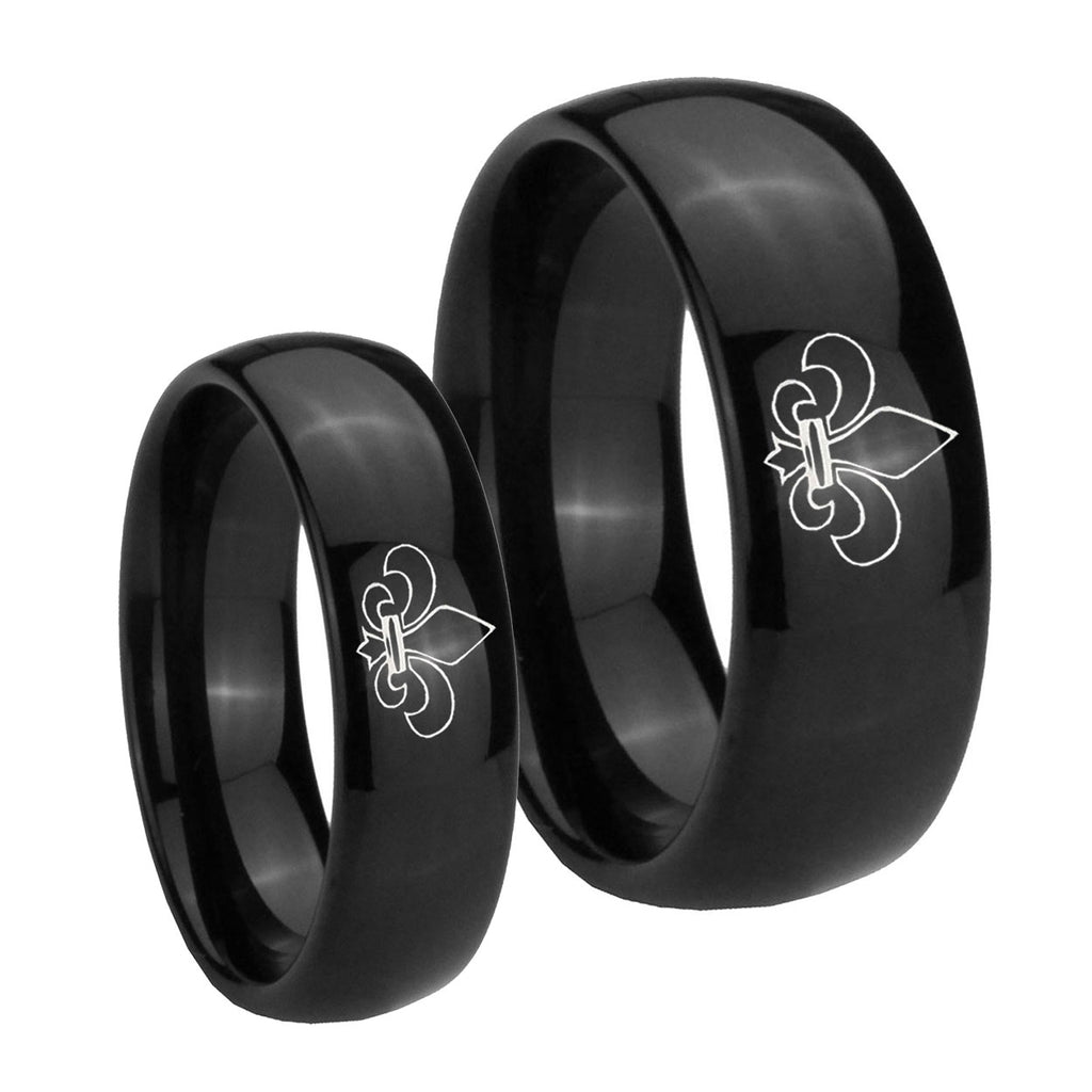 Fleur De Lis Dome Black Tungsten Couple Band Set