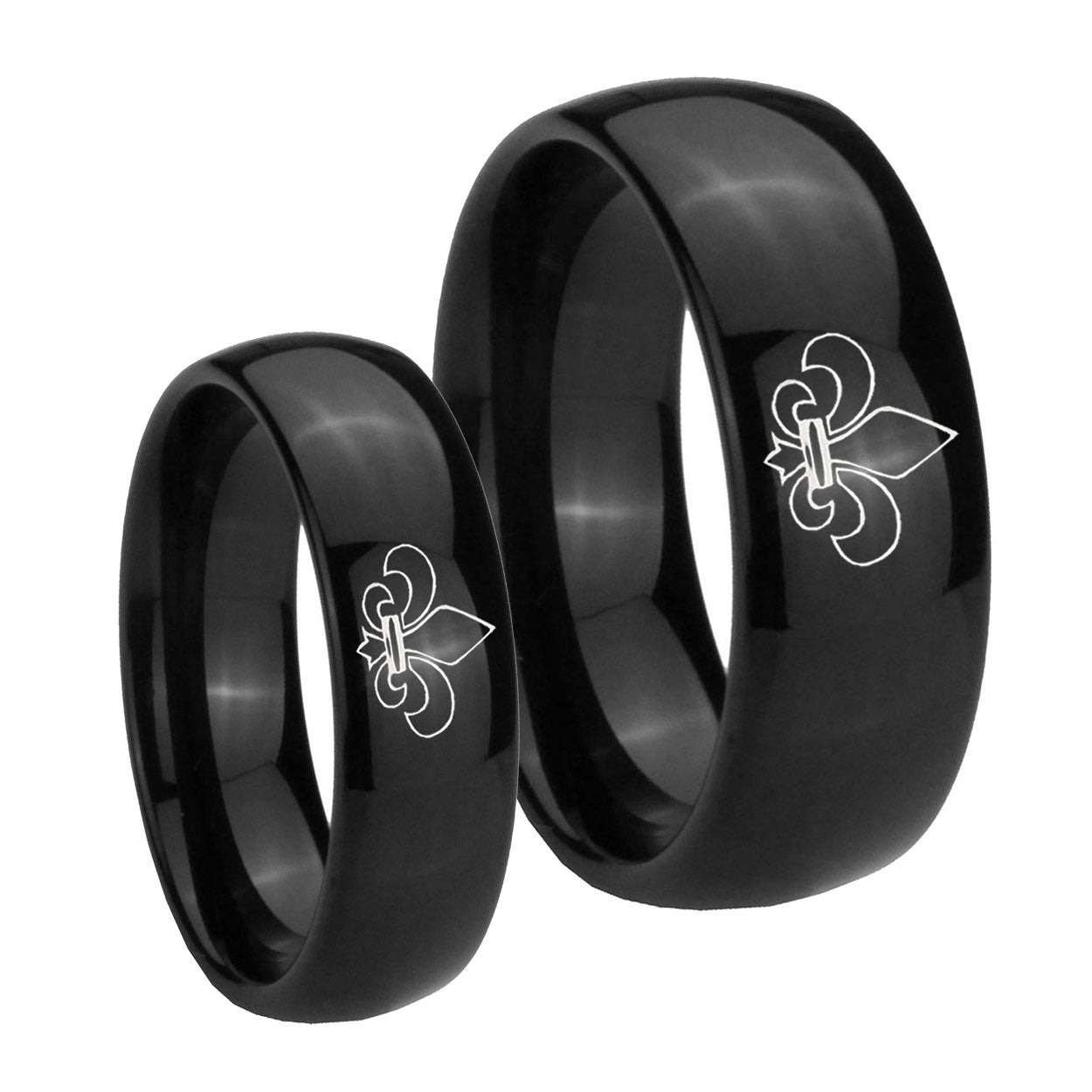 Fleur De Lis Dome Black Tungsten Couple Band Set