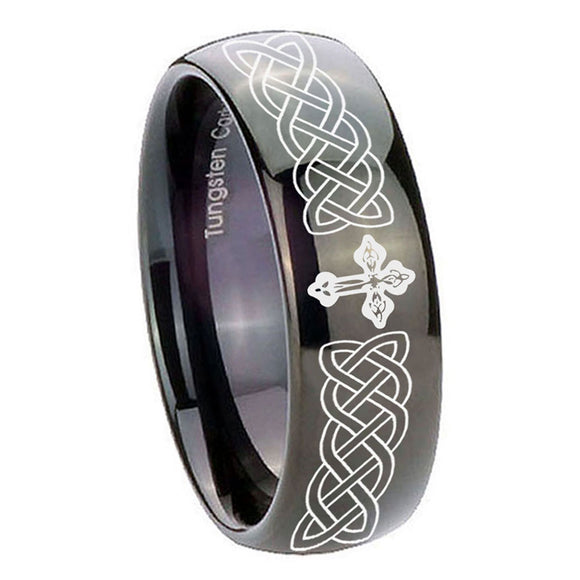 10mm-Celtic-Cross-Dome-Black-Tungsten-Carbide-Custom-Mens-Ring