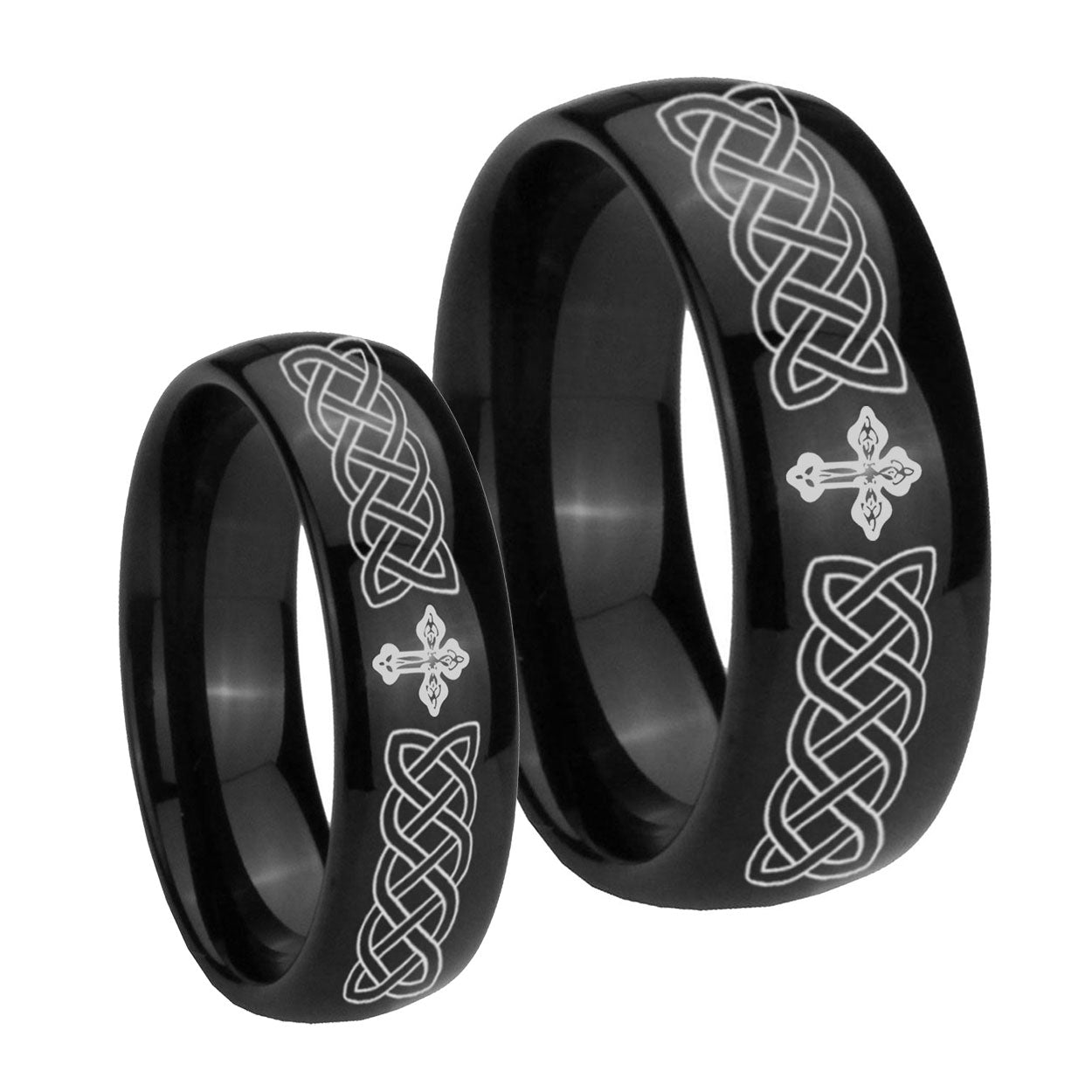 Celtic Cross Dome Black Tungsten Engagement Ring Set