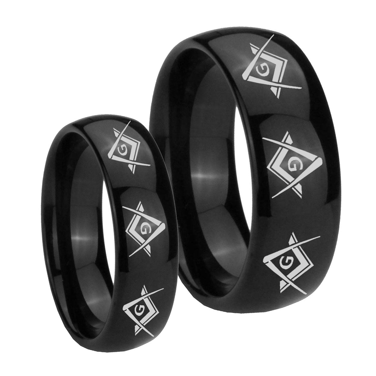 Master Mason Masonic Dome Black Tungsten Wedding Ring Set