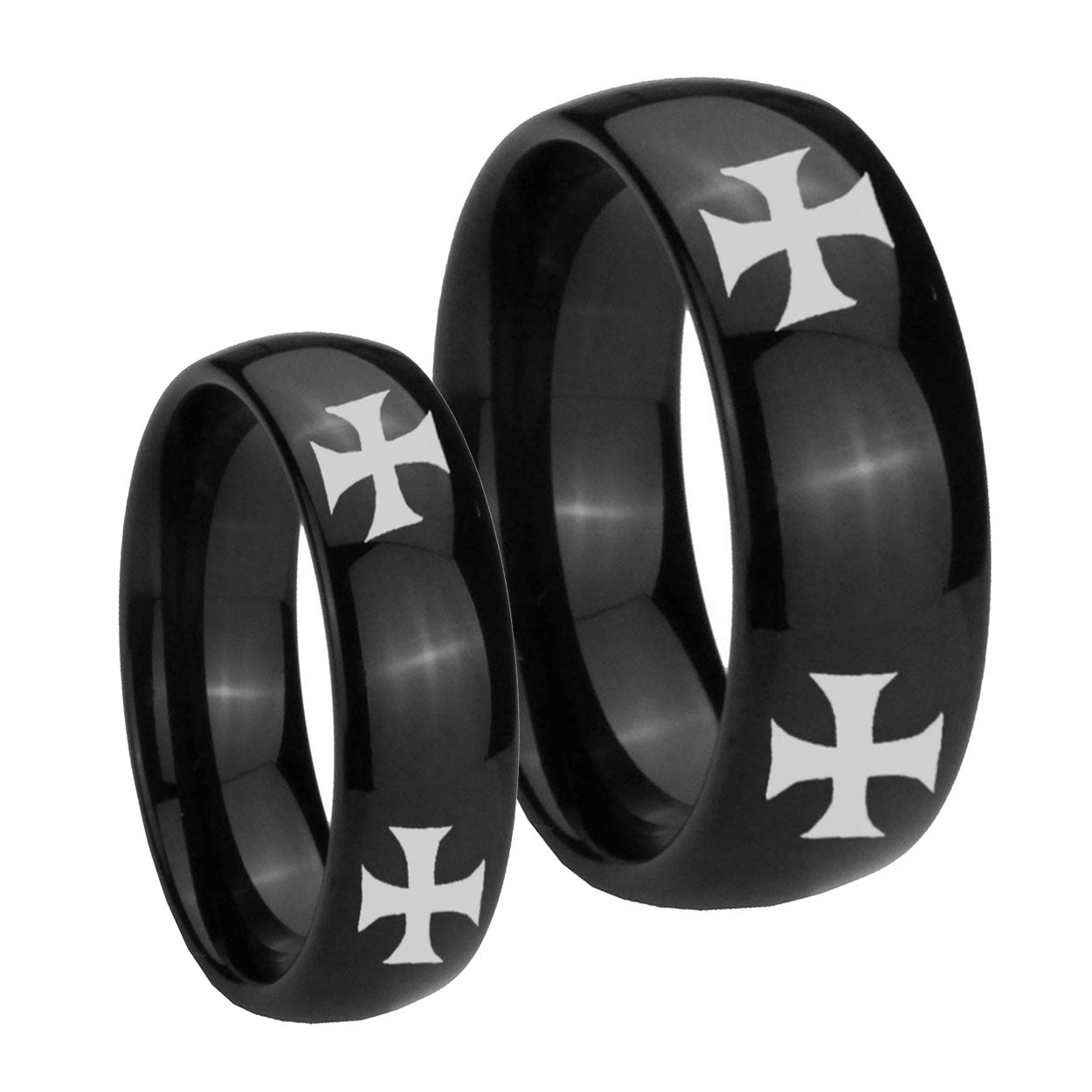 4 Maltese Cross Dome Black Tungsten Bridal Ring Sets