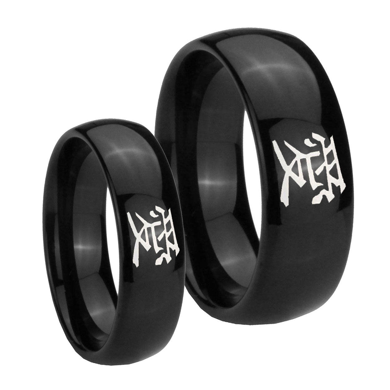 Kanji Love Dome Black Tungsten Mens Set Rings