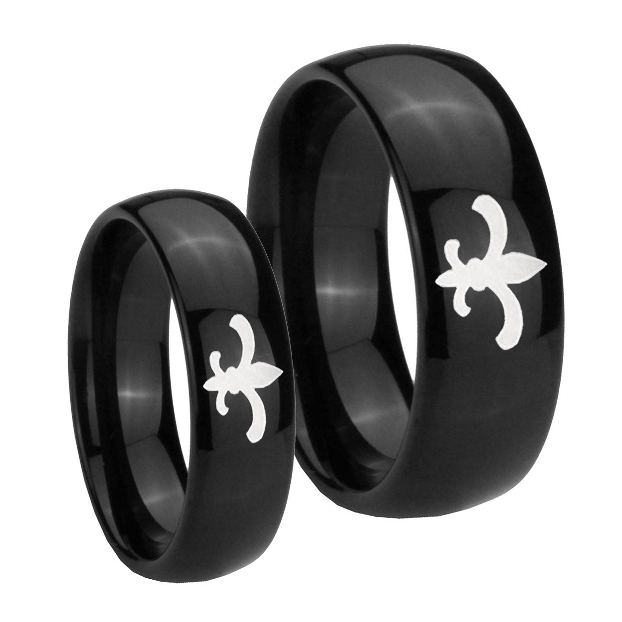 Fleur De Lis Dome Black Tungsten Bridal Band Set