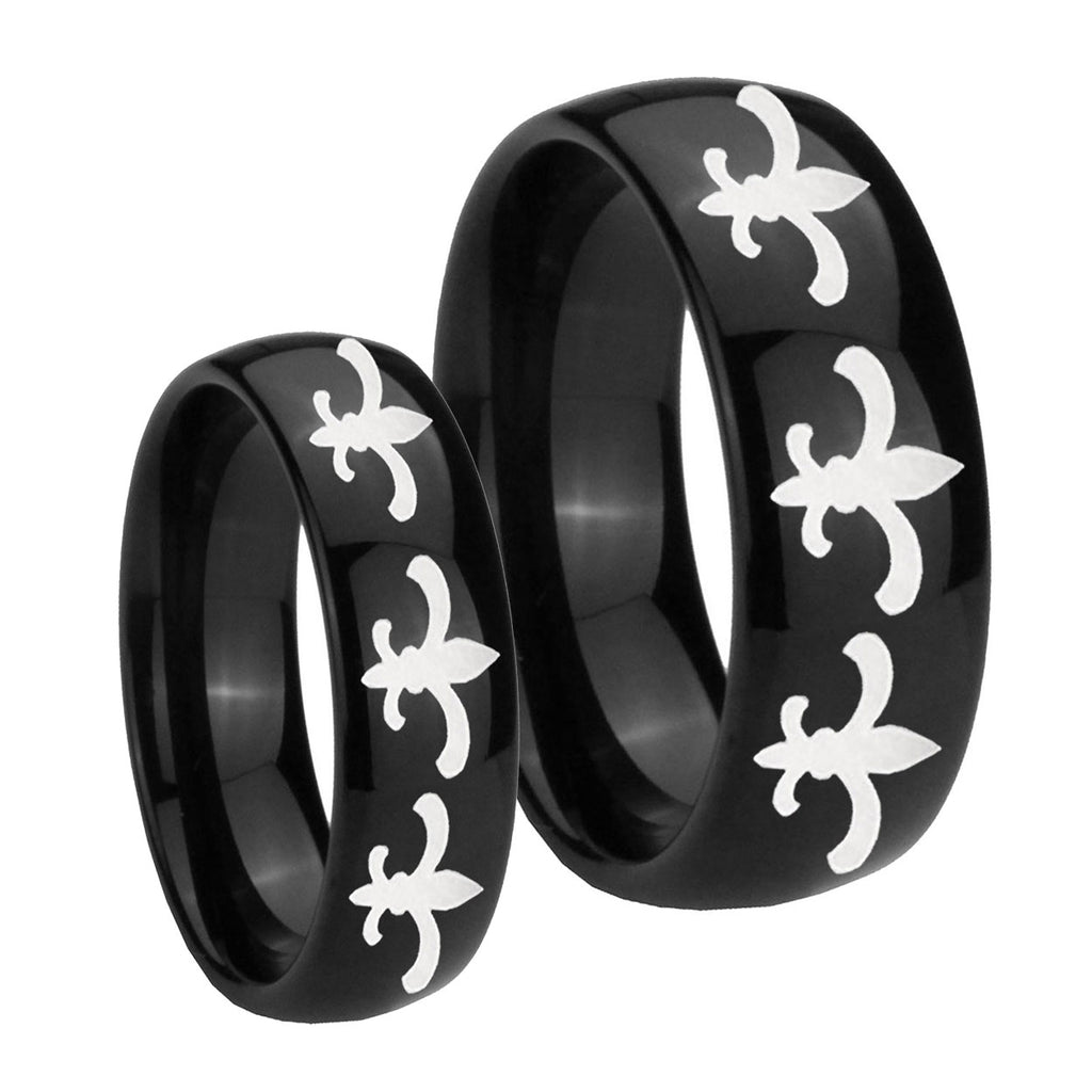 Multiple Fleur De Lis Dome Black Tungsten Bridal Ring Set