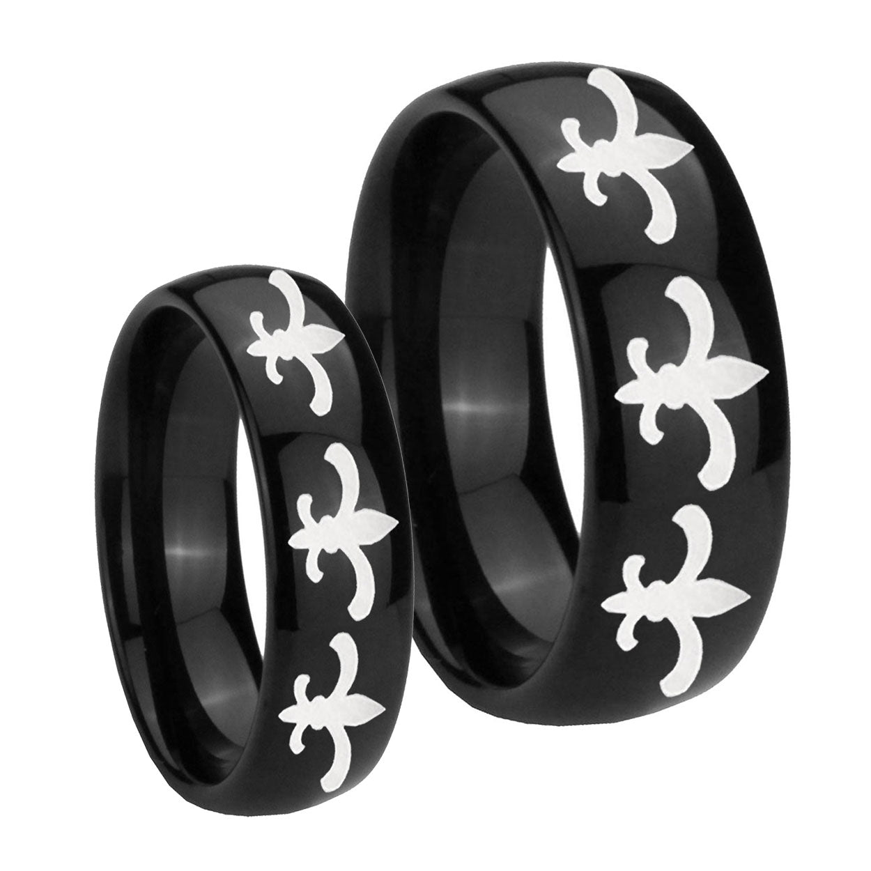Multiple Fleur De Lis Dome Black Tungsten Bridal Ring Set