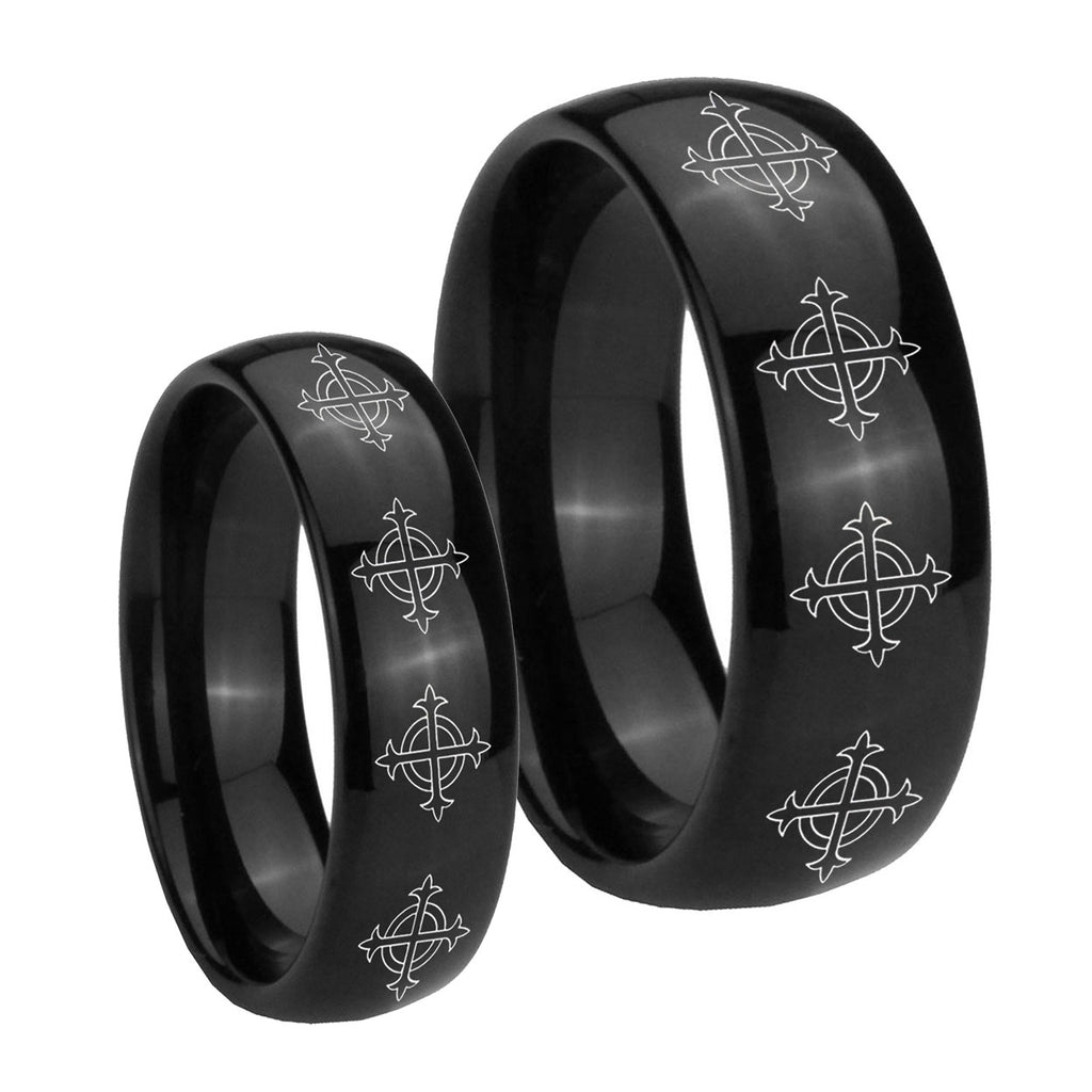 Multiple Crosses Dome Black Tungsten Wedding Set Ring