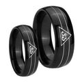 Masonic 32 Duo Line Freemason Dome Black Tungsten Bridal Ring Set