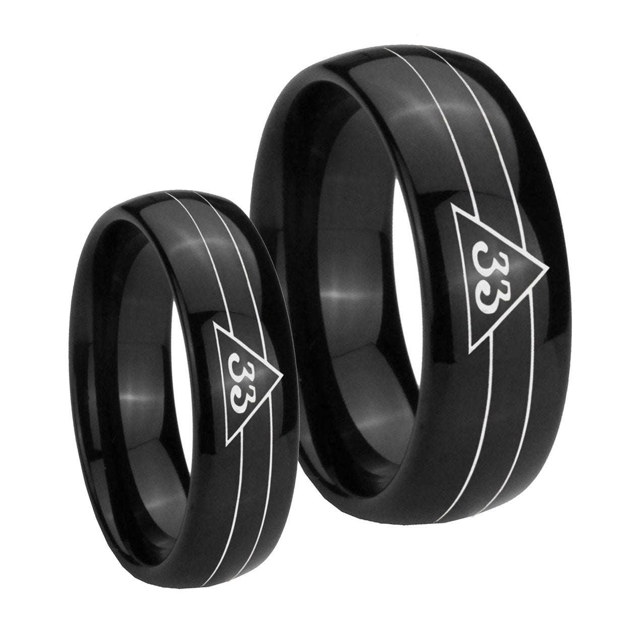 Masonic 32 Duo Line Freemason Dome Black Tungsten Bridal Ring Set