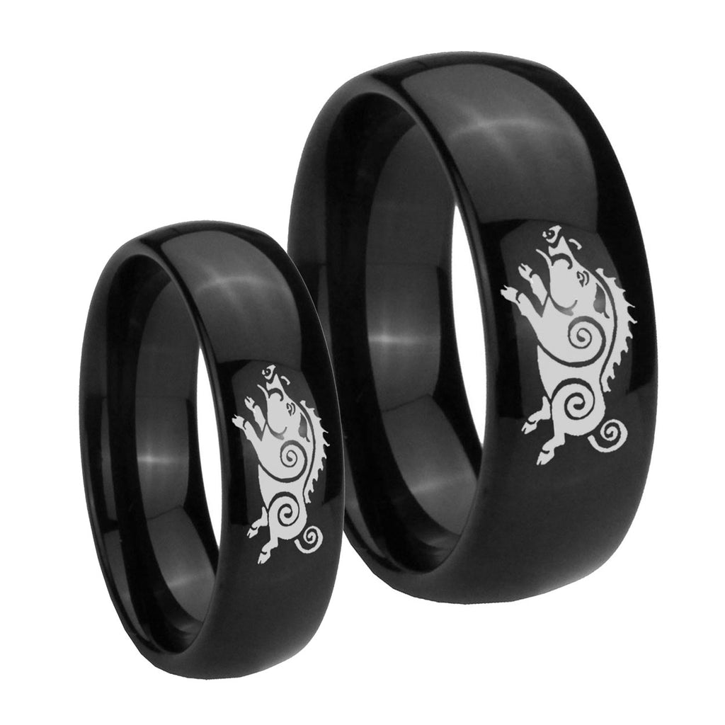 Wild Boar Dome Black Tungsten Wedding Ring Set