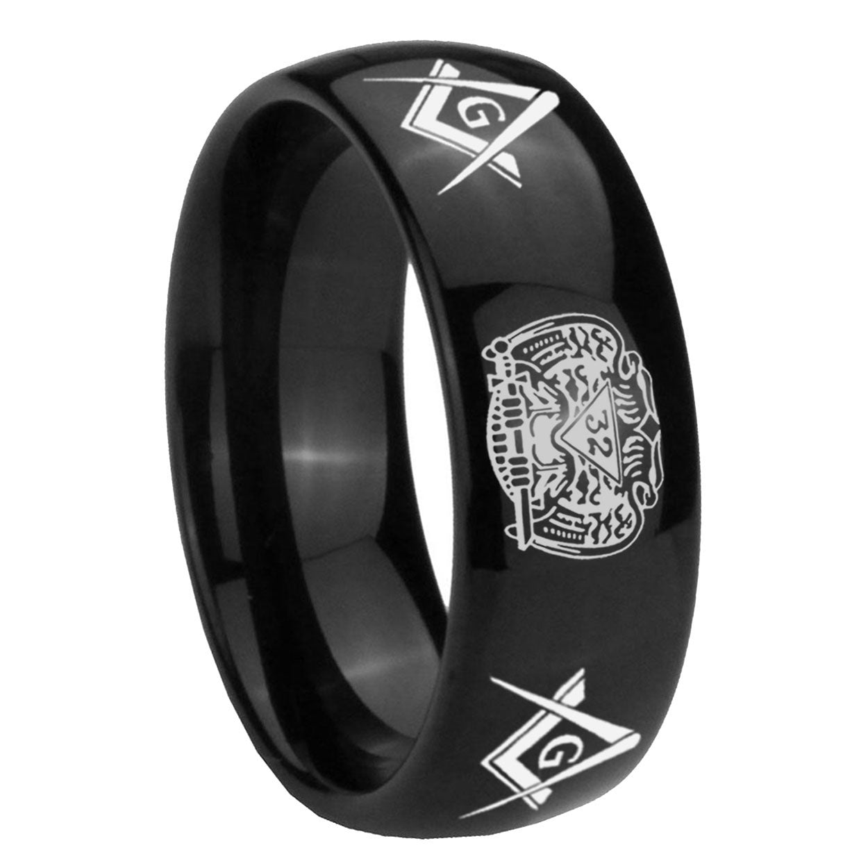 10mm Masonic 32 Design Dome Black Tungsten Carbide Mens Engagement Band