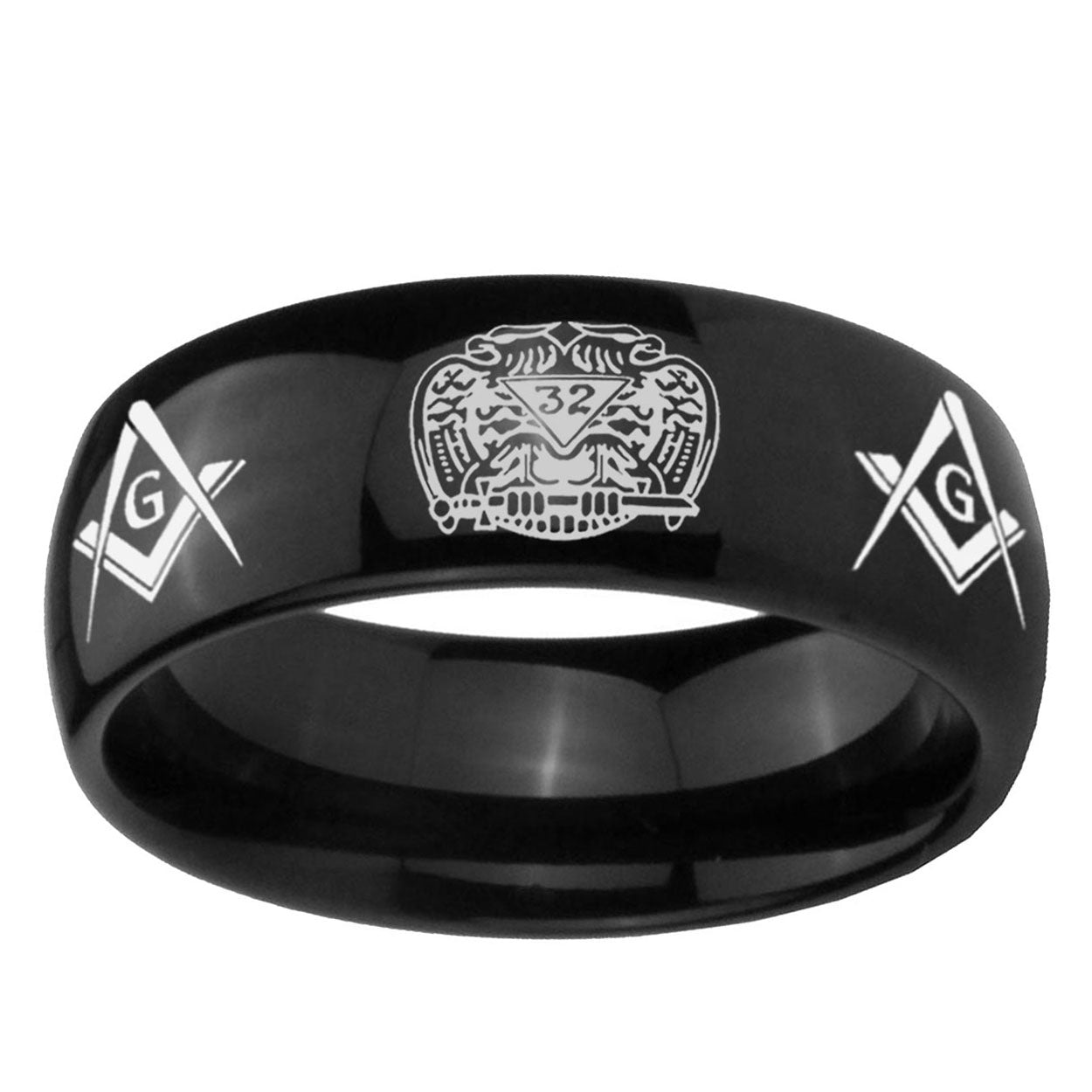 10mm Masonic 32 Design Dome Black Tungsten Ring