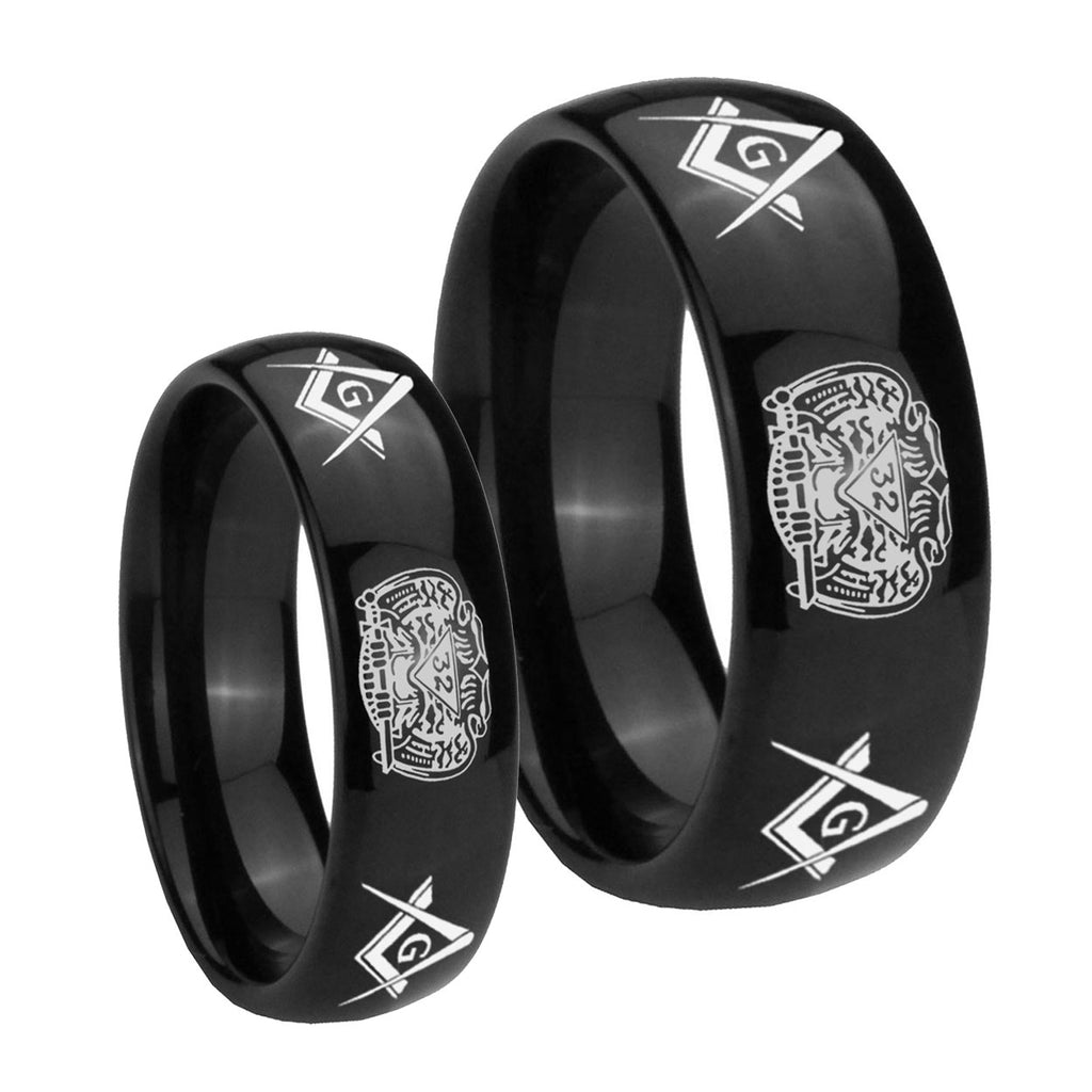 Masonic 32 Design Dome Black Tungsten Bridal Ring Set