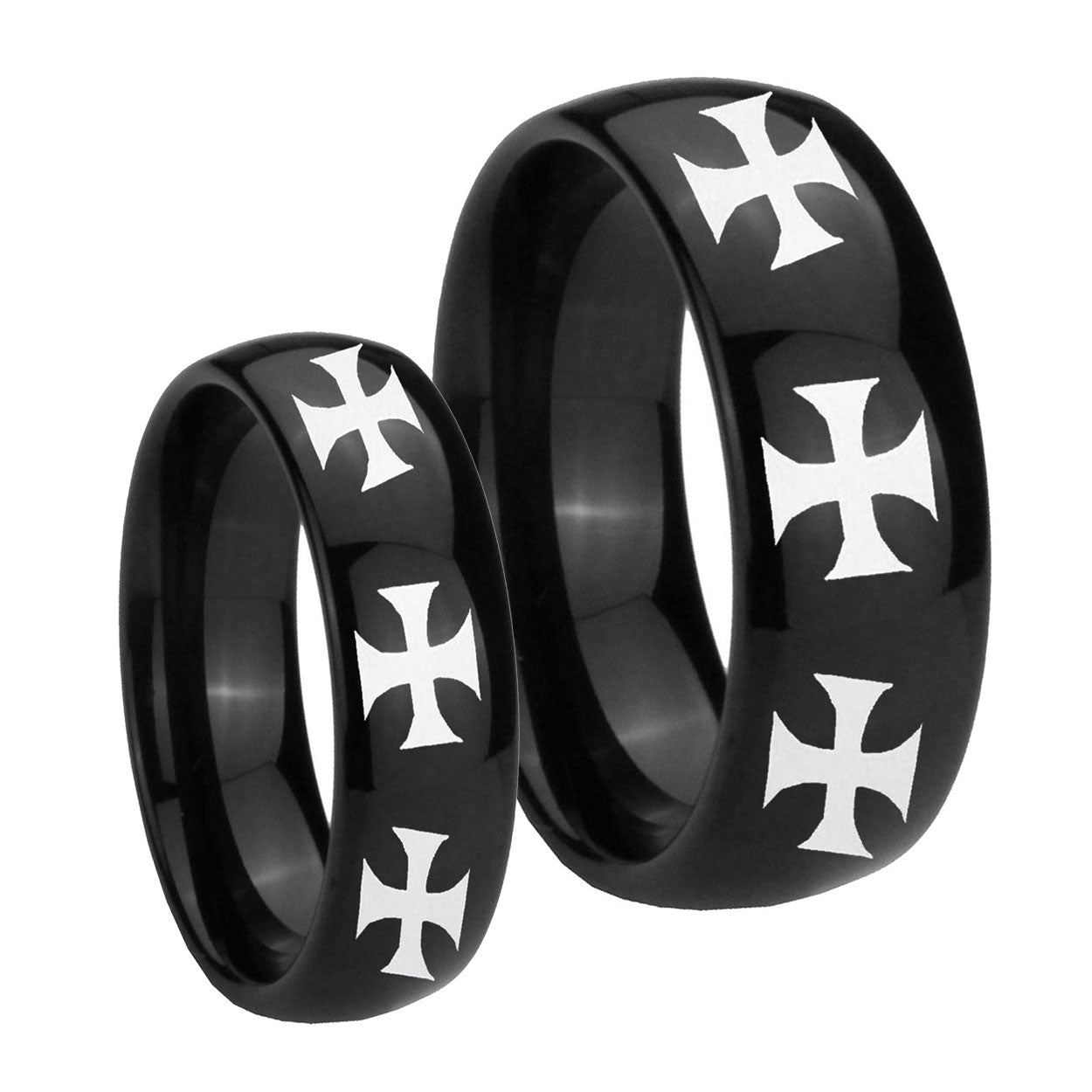 Multiple Maltese Cross Dome Black Tungsten Bridal Band Set