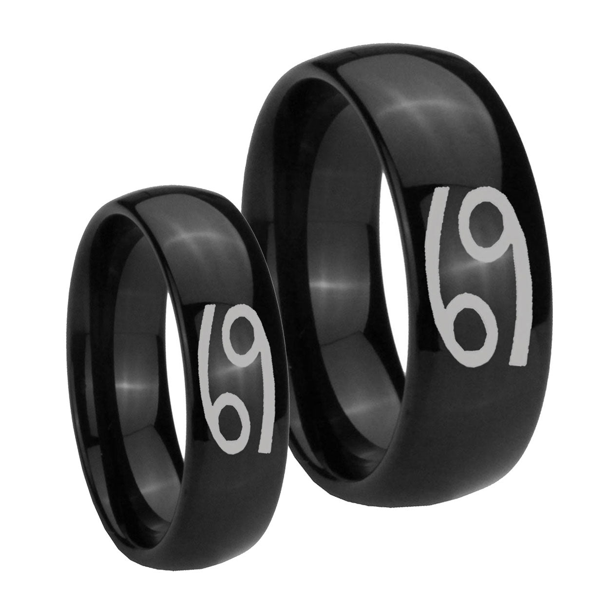 Cancer Horoscope Dome Black Tungsten Bridal Ring Set
