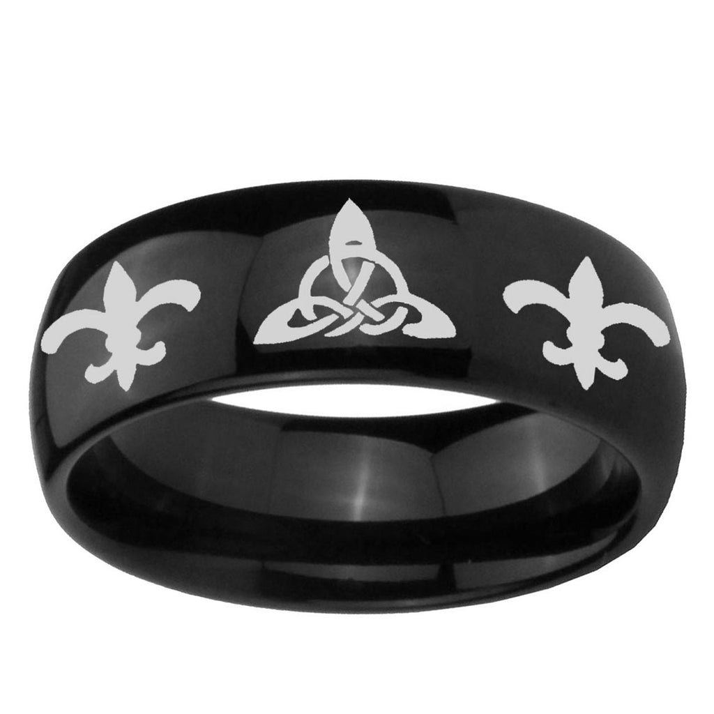 10mm Celtic Triangle Fleur-De-Lis Dome Black Tungsten Ring