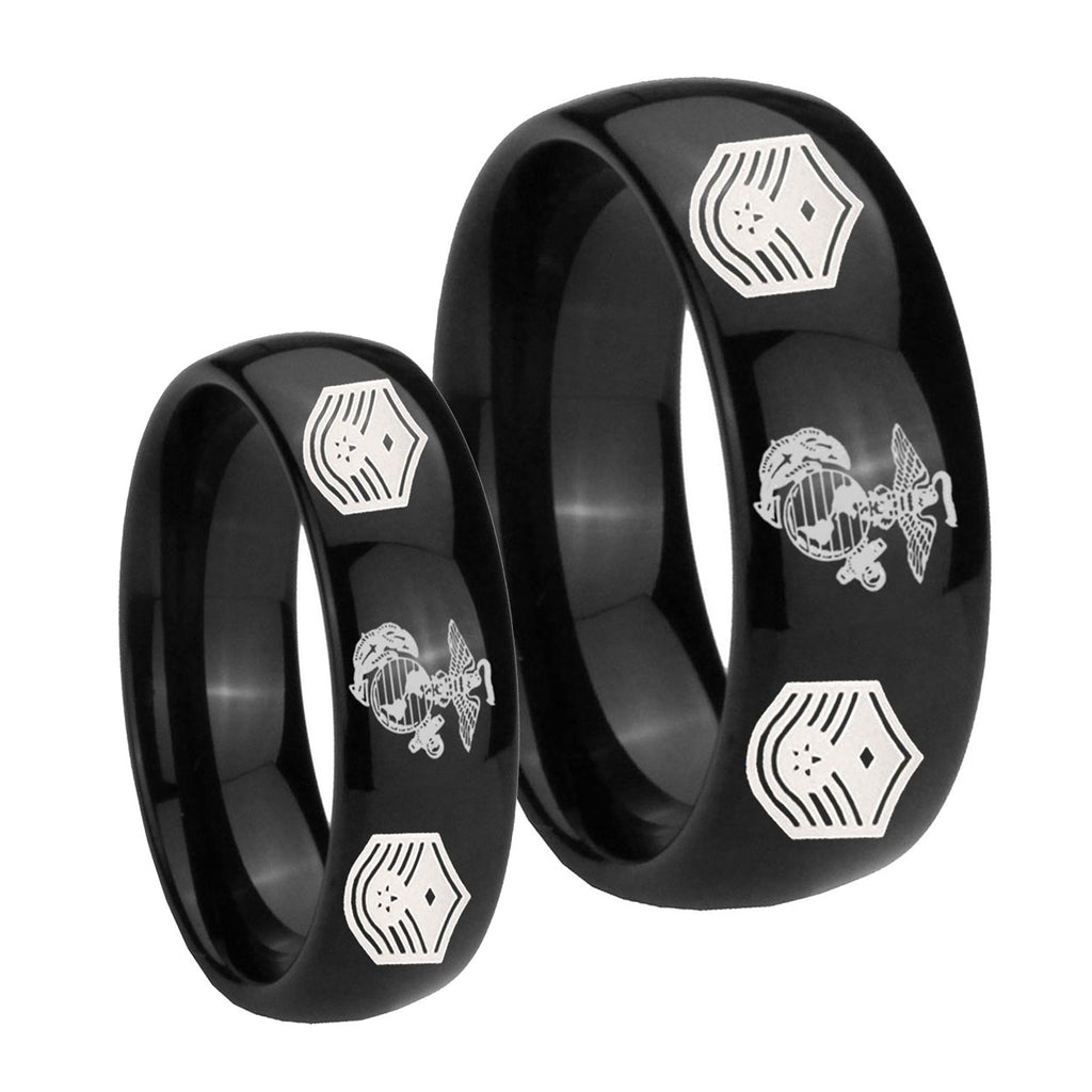 Marine Chief Master Sergeant Dome Black Tungsten Bridal Set Ring