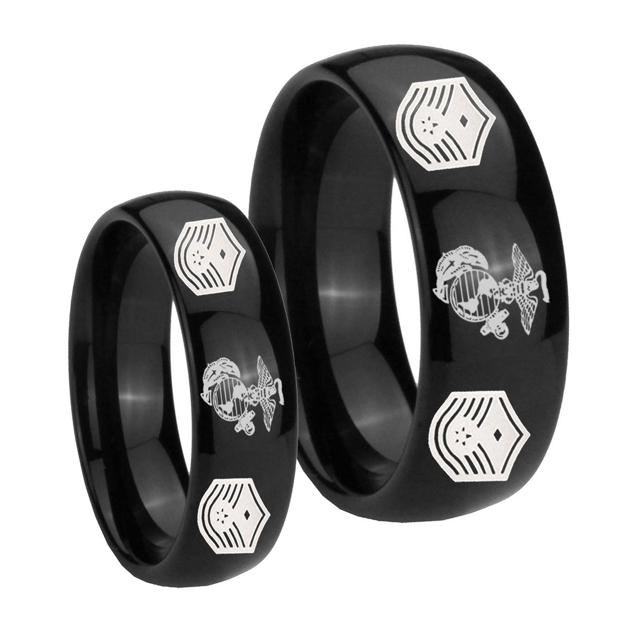 Marine Chief Master Sergeant Dome Black Tungsten Bridal Set Ring