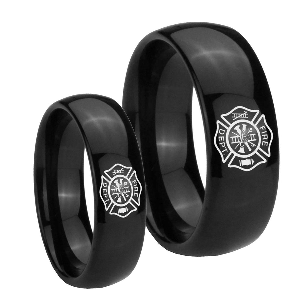 Fire Department Dome Black Tungsten His Hers Set Rings
