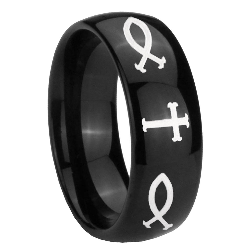 10mm Fish & Cross Dome Black Tungsten Carbide Mens Wedding Band