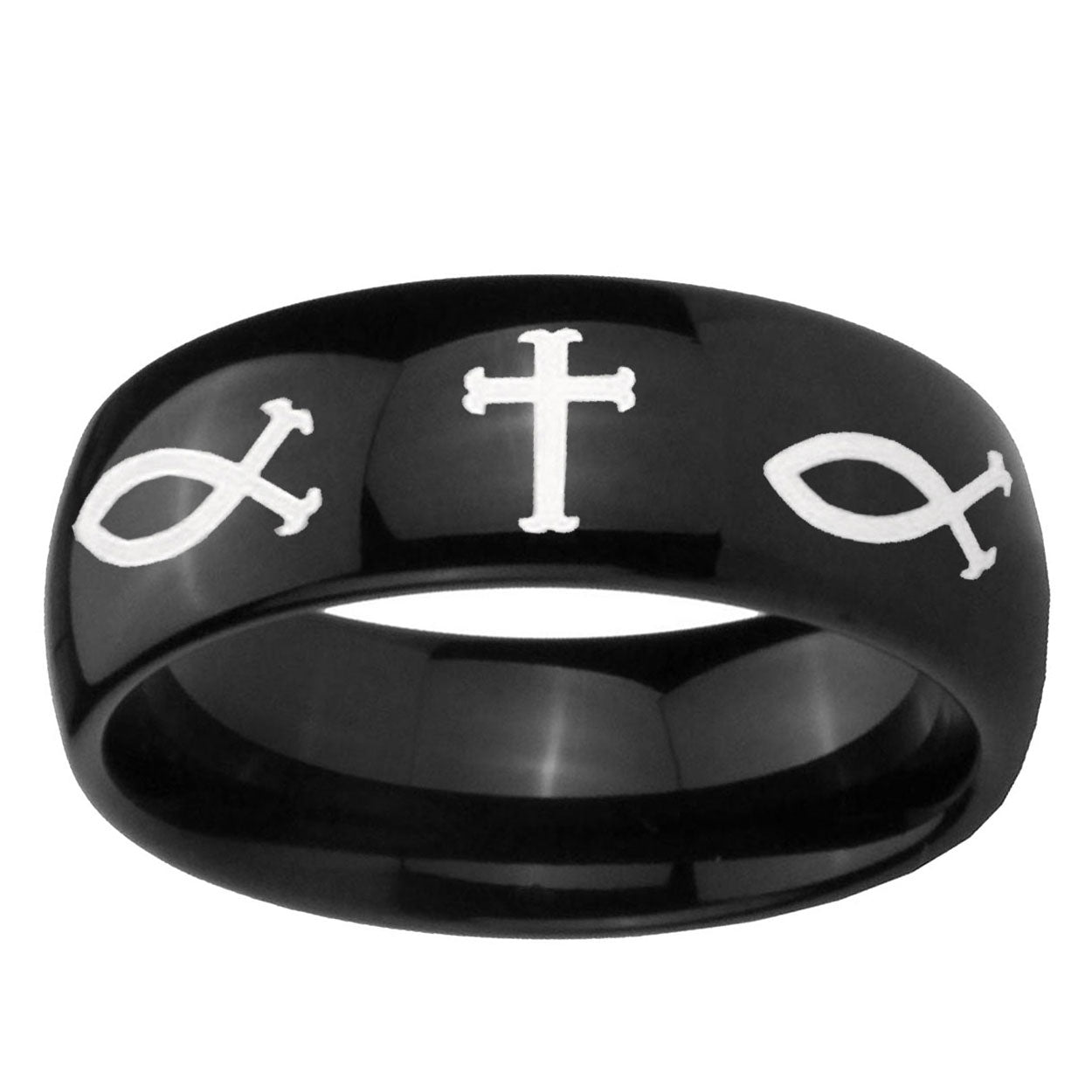 10mm Fish & Cross Dome Black Tungsten Ring