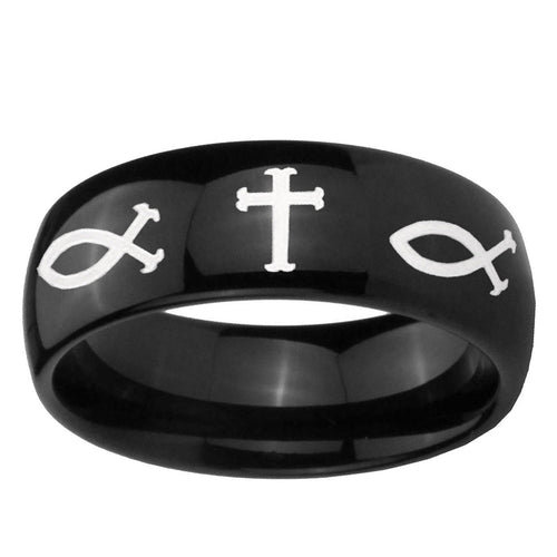 10mm Fish & Cross Dome Black Tungsten Ring
