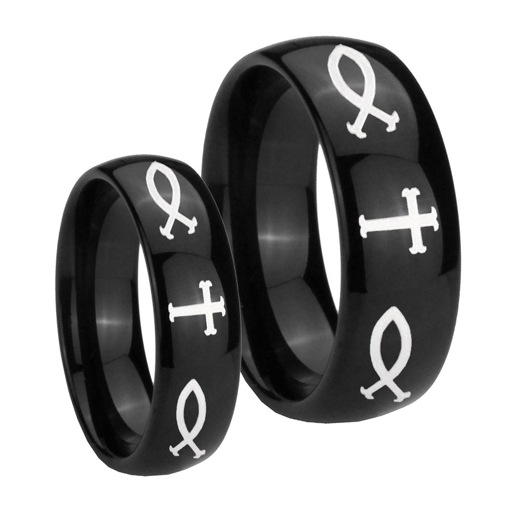 Fish & Cross Dome Black Tungsten His and Hers