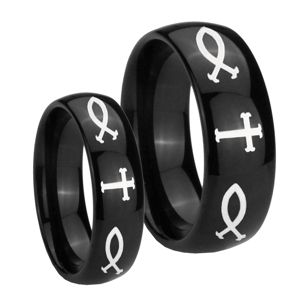 Fish & Cross Dome Black Tungsten His and Hers