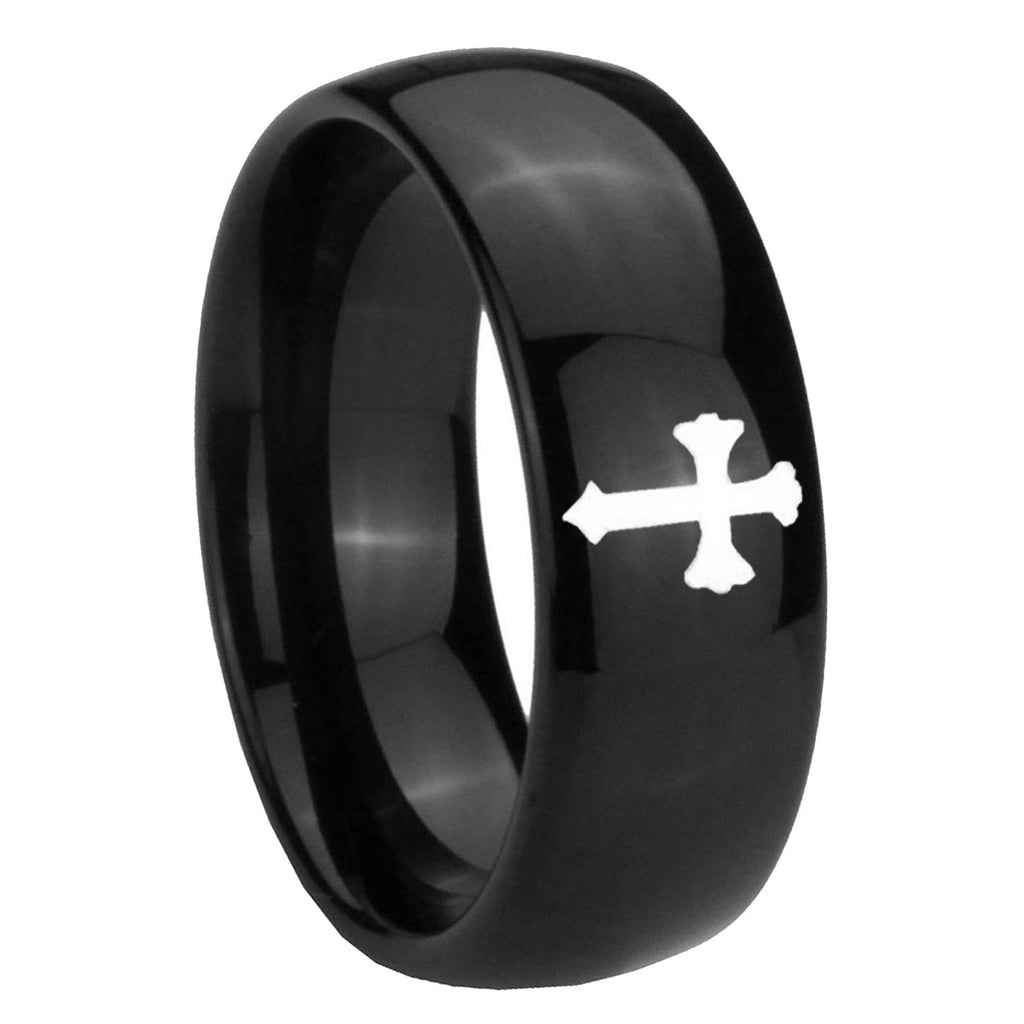 10mm Flat Christian Cross Dome Black Tungsten Carbide Mens Engagement Band