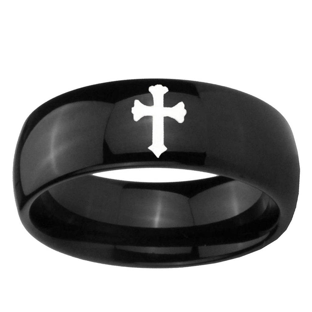 10mm Flat Christian Cross Dome Black Tungsten Ring