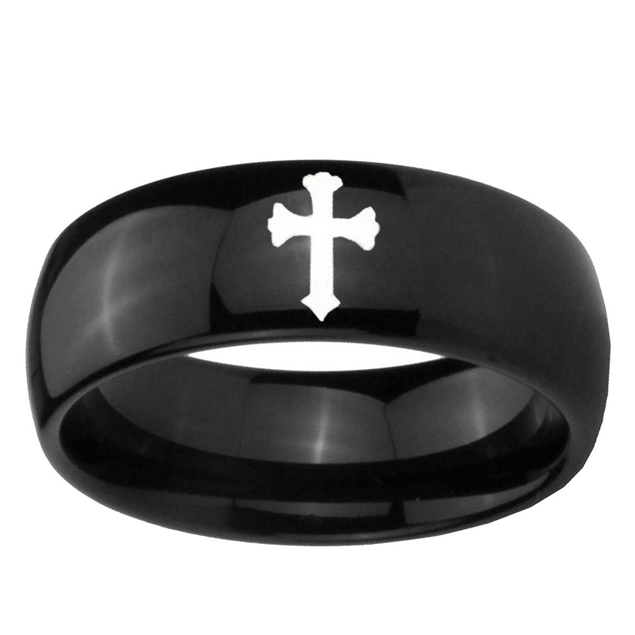 10mm Flat Christian Cross Dome Black Tungsten Ring