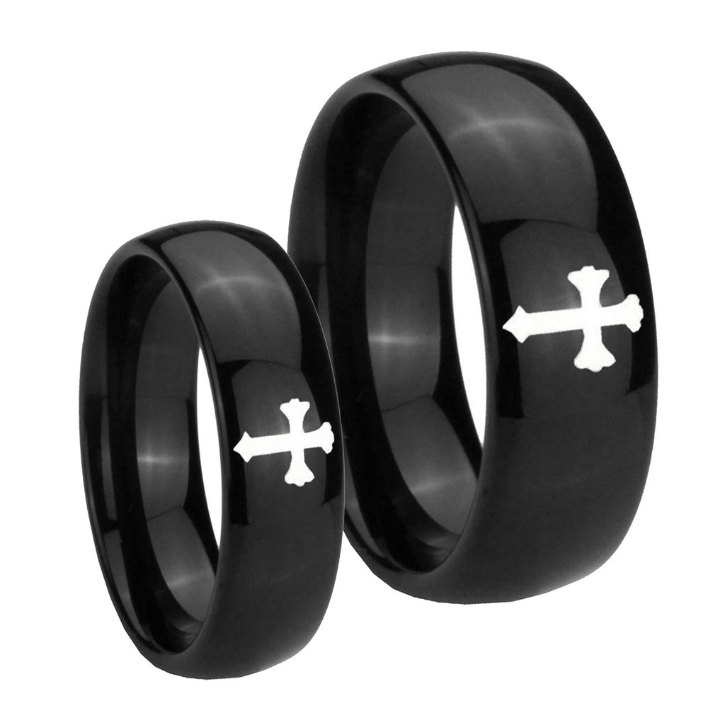 Flat Christian Cross Dome Black Tungsten Wedding Set Ring