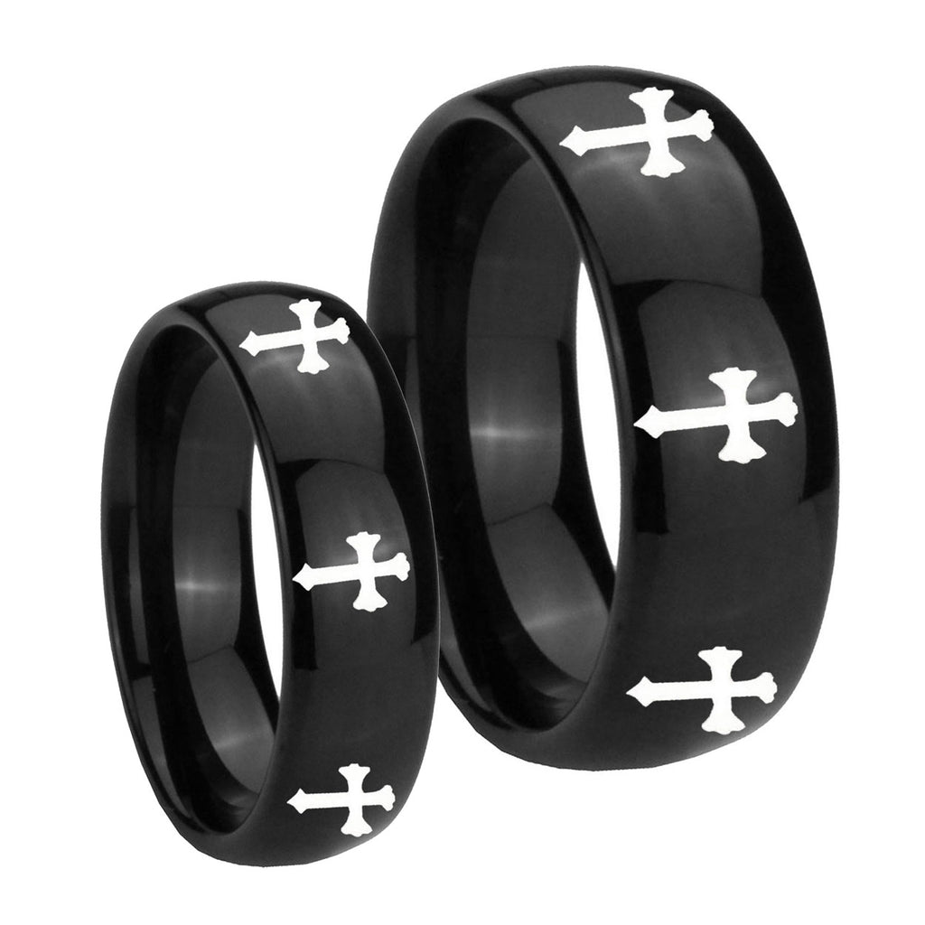 Multiple Christian Cross Dome Black Tungsten Promise Ring Set