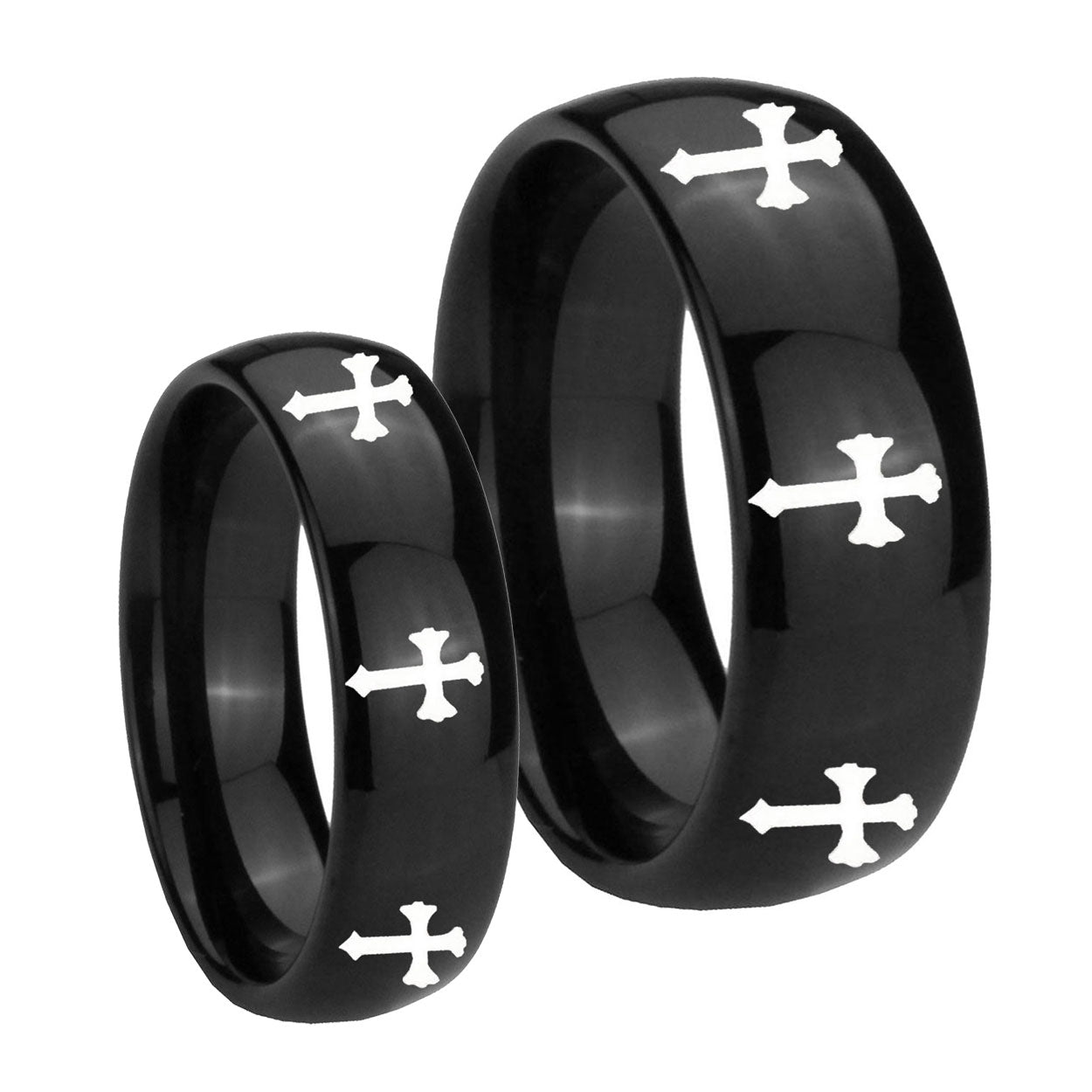 Multiple Christian Cross Dome Black Tungsten Promise Ring Set