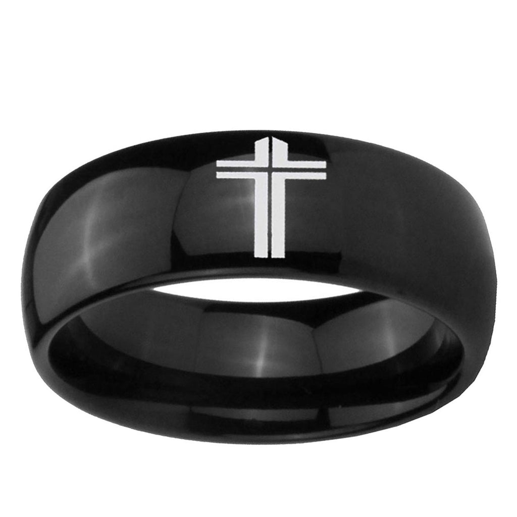 10mm Flat Christian Cross Dome Black Tungsten Ring