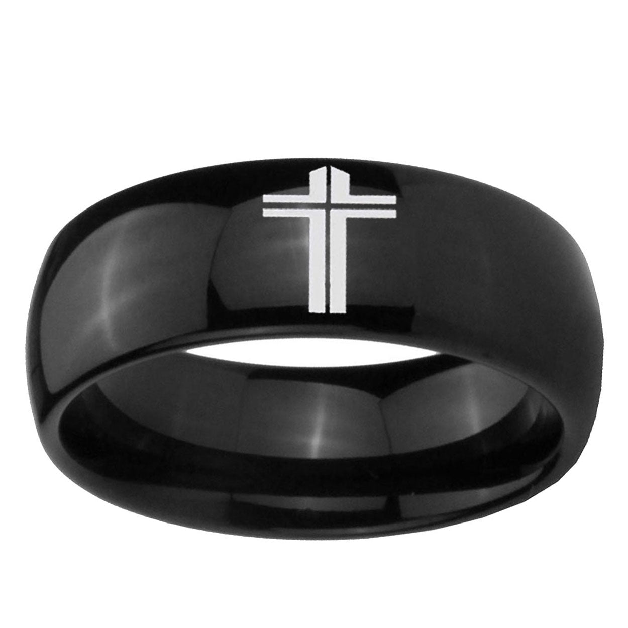 10mm Flat Christian Cross Dome Black Tungsten Ring