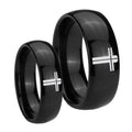 Flat Christian Cross Dome Black Tungsten His Hers Set Rings
