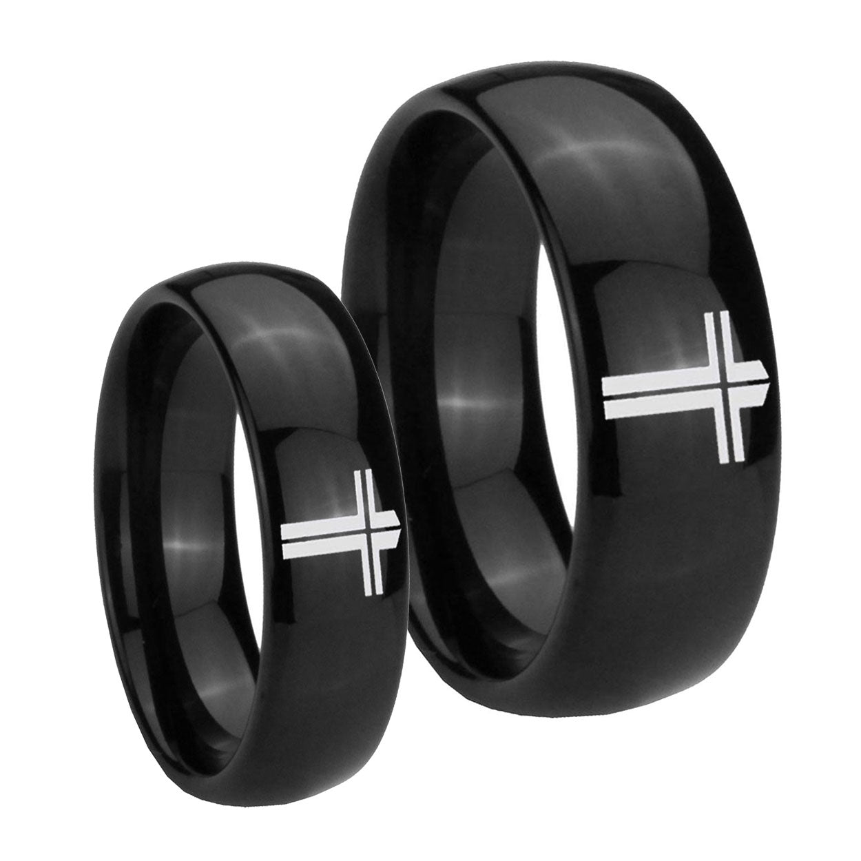 Flat Christian Cross Dome Black Tungsten His Hers Set Rings