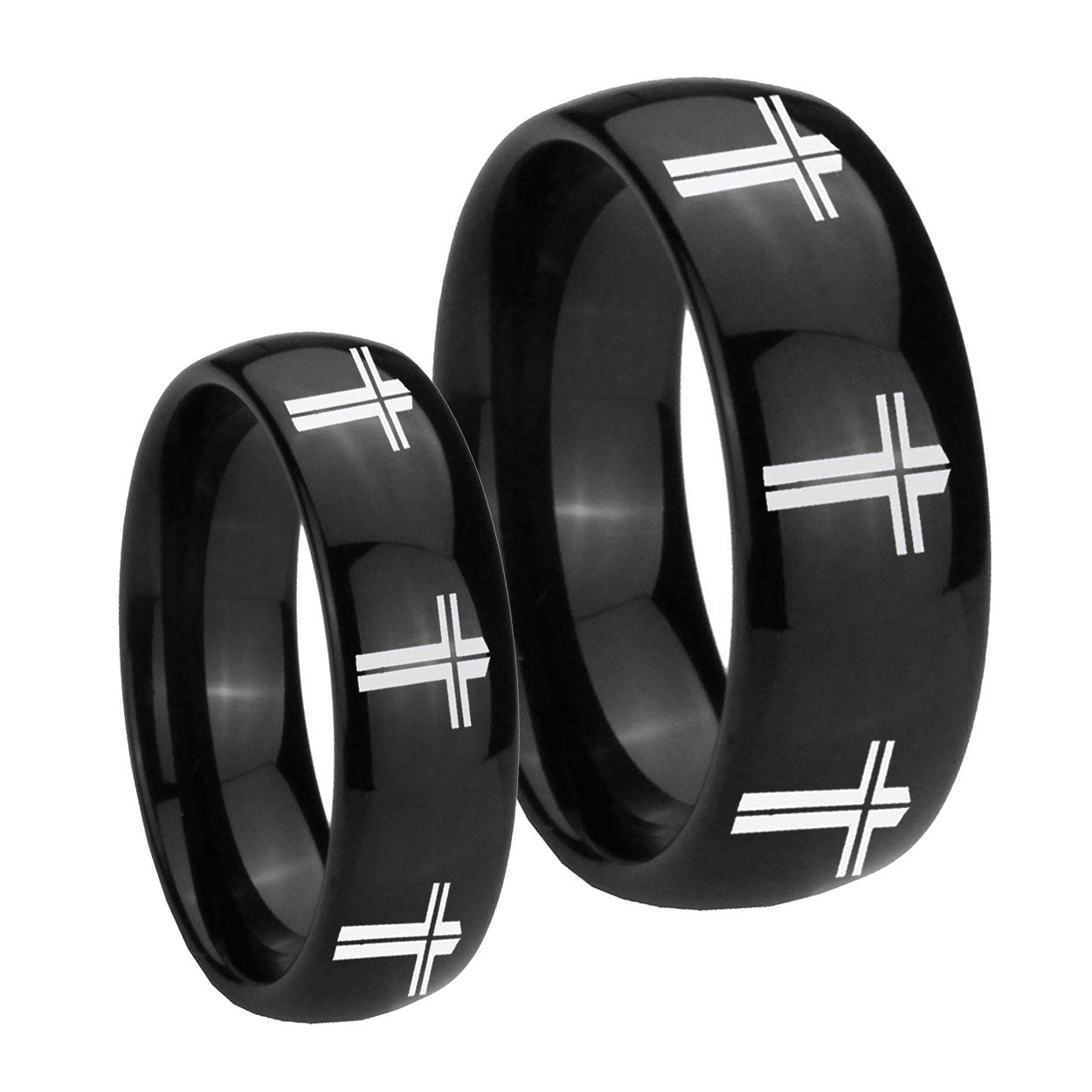 Multiple Christian Cross Dome Black Tungsten His Hers Set Rings