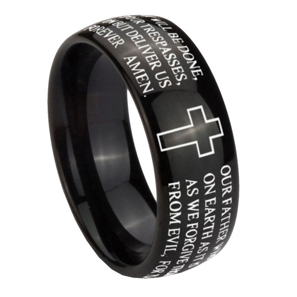 10mm-Bible-Lord's-Prayer-Cross-Dome-Black-Tungsten-Carbide-Mens-Anniversary-Ring