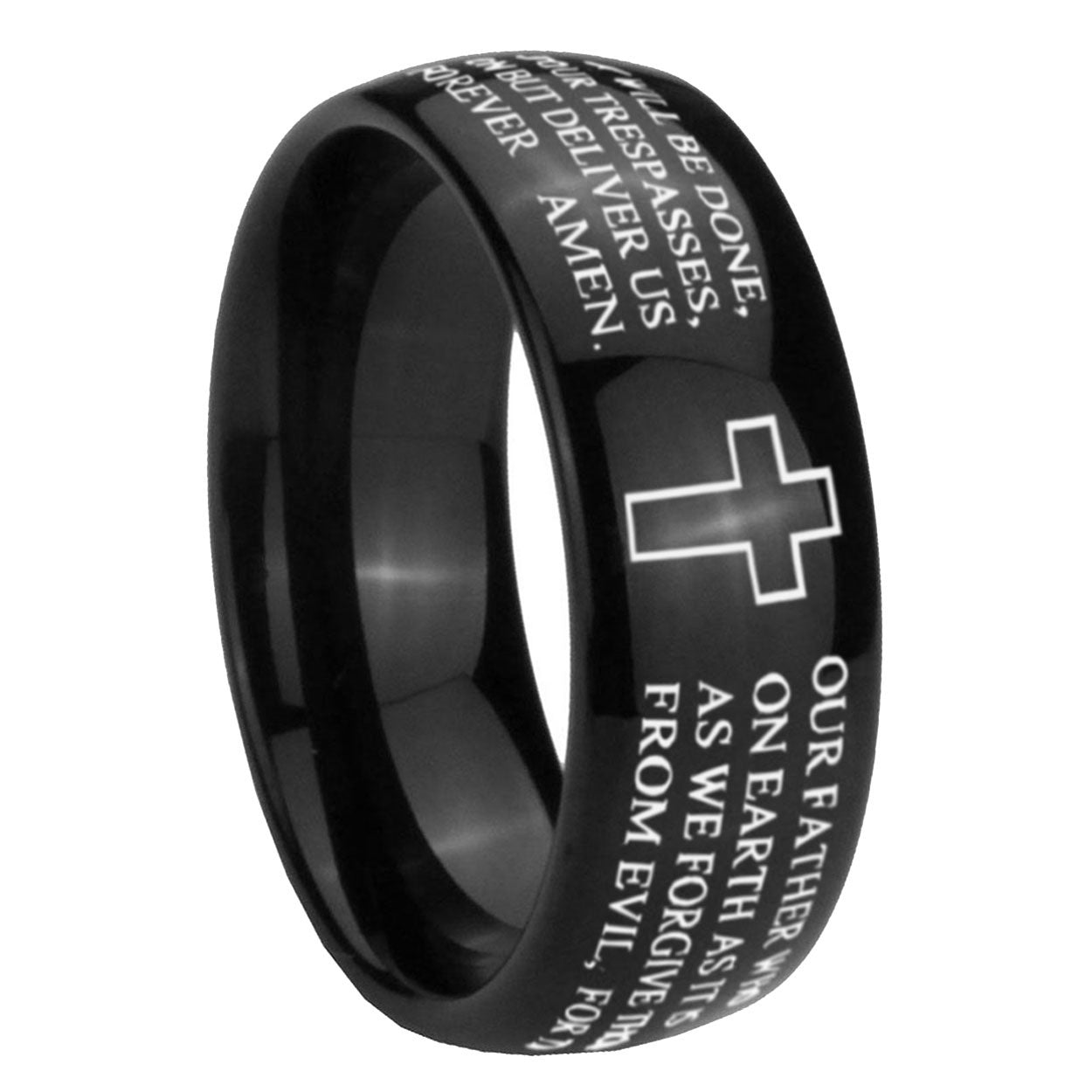 10mm Bible Lord's Prayer Cross Dome Black Tungsten Carbide Mens Anniversary Ring